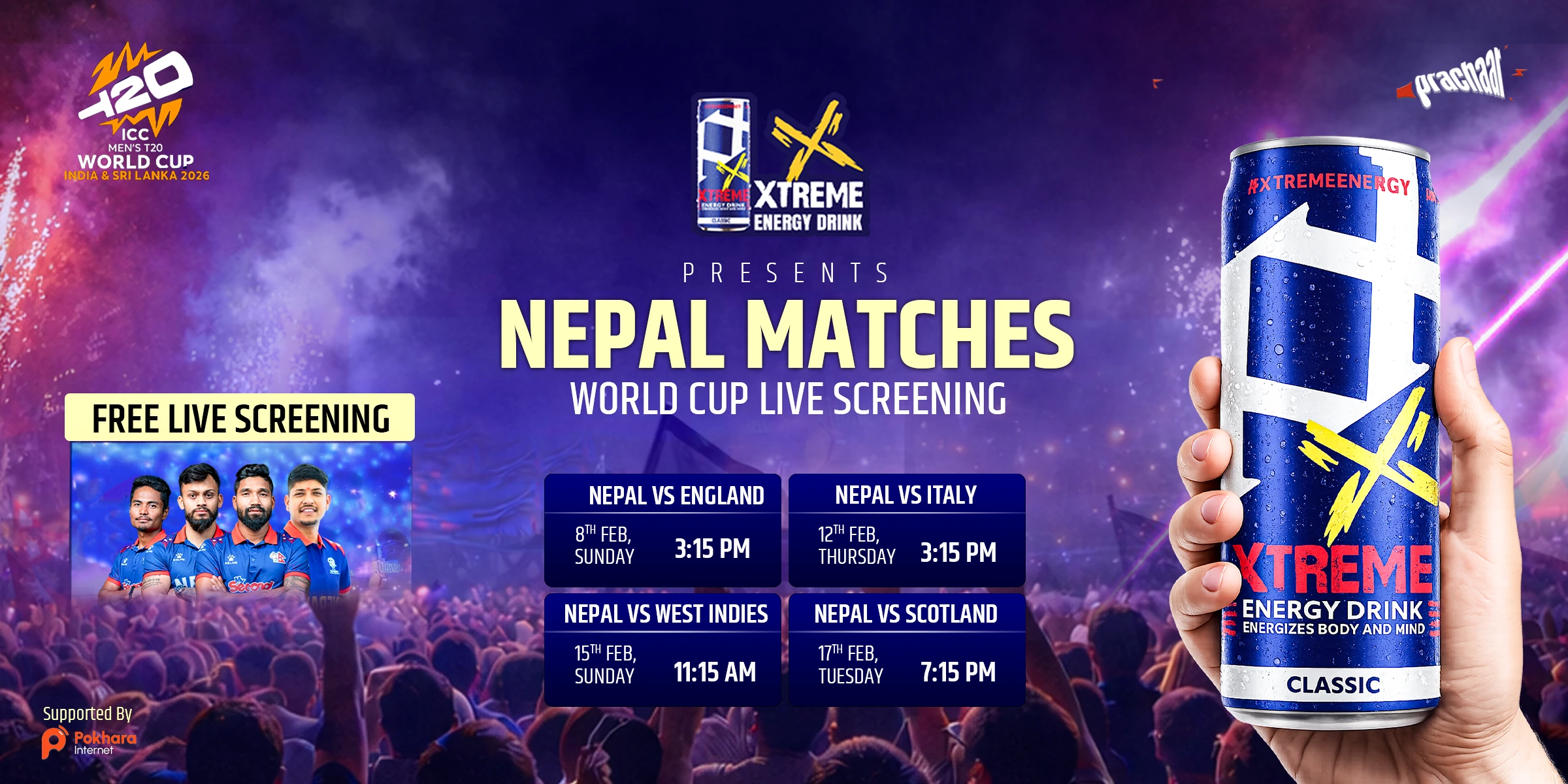Free Live Screening of Nepal’s T20 World Cup Matches | Pokhara | Xtreme Energy Drink